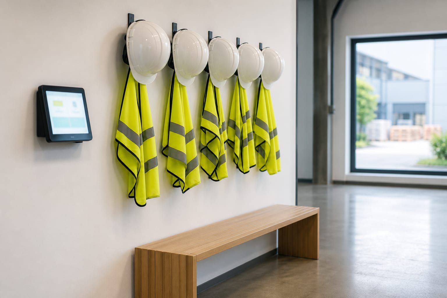 Helme und Warnwesten an der Wand, daneben ein Terminal — viele Rollen, ein Stand